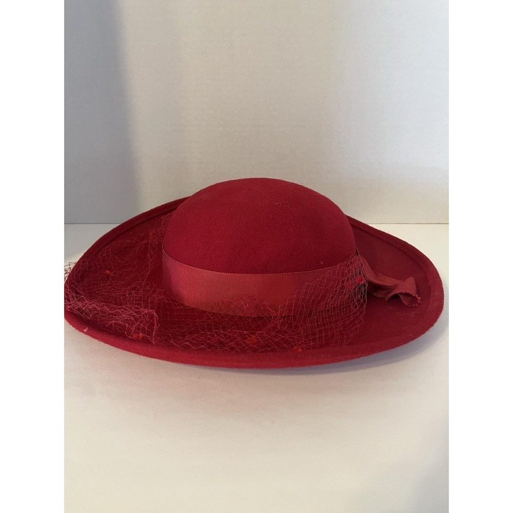 Vintage Michael Howard Red Wool Hat Net Veil Bow Miss Bierner 100% Wool - Picture 5 of 9